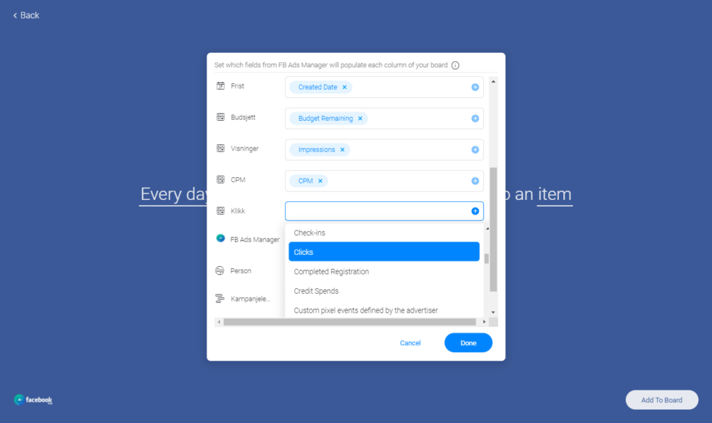 Connection of the marketing plan to the advertising account of the customer.  Then select the correct column the data should be filled in. Then you choose how often the data should be updated.